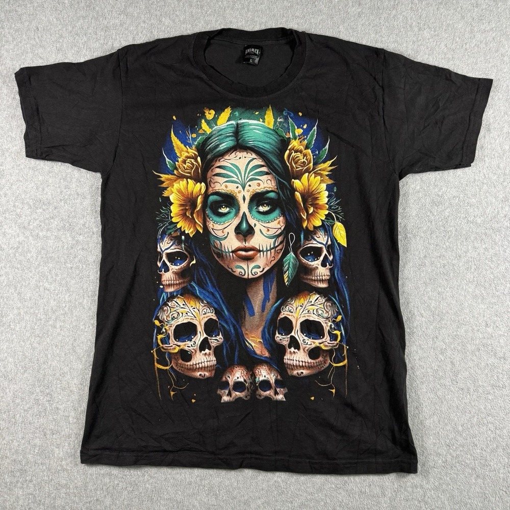 Animex Sugar Skull Woman Graphic T-Shirt Black Day of the Dead Men's Size L